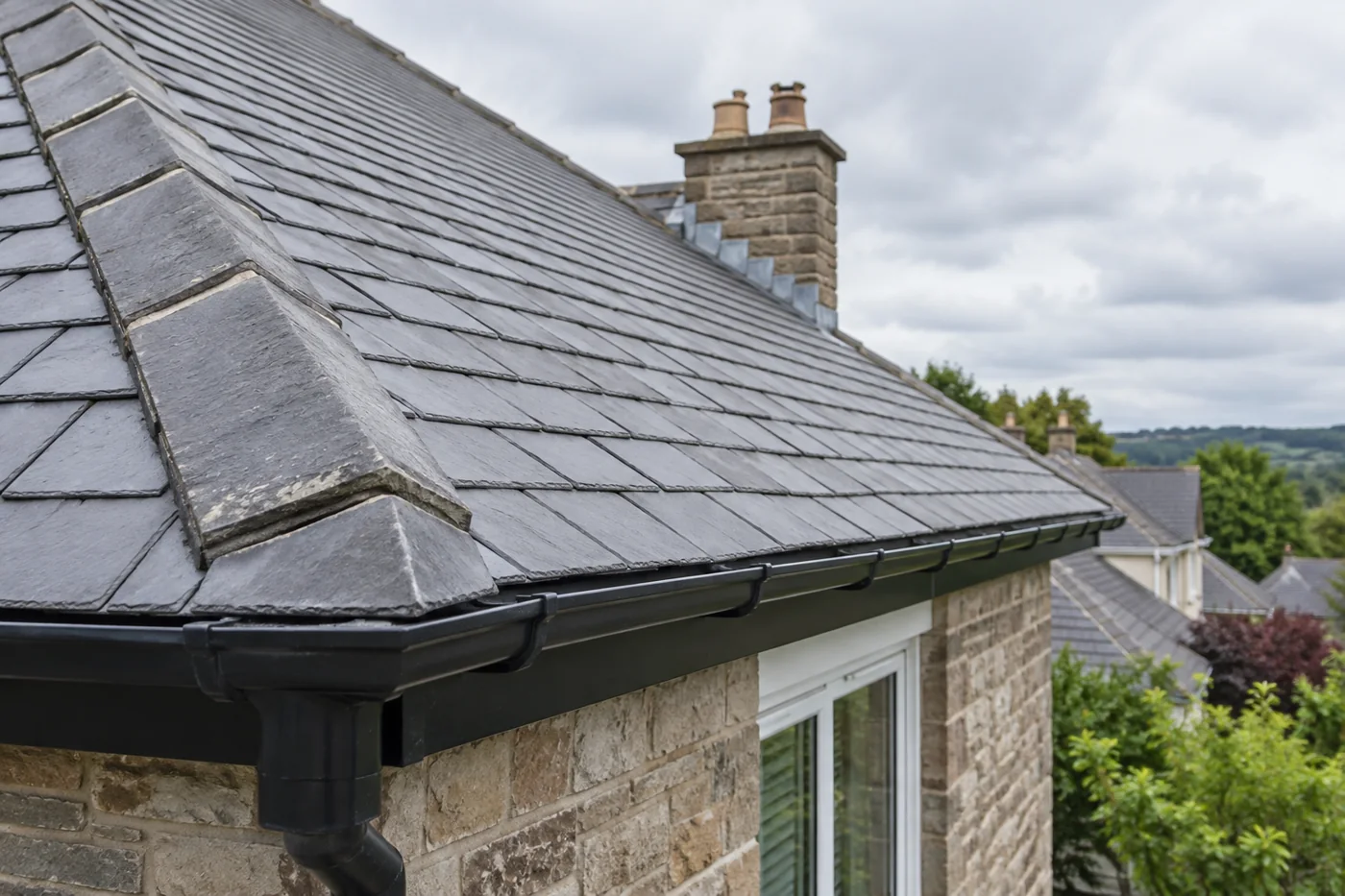 Natural slate roof eaves and gutter edge