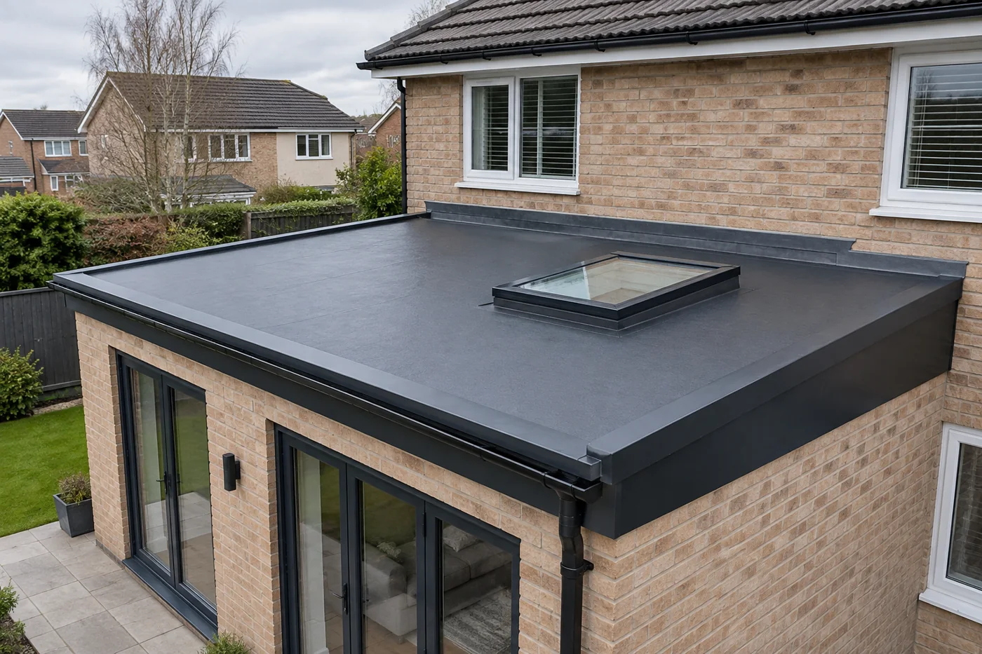Dark flat extension roof with rooflight