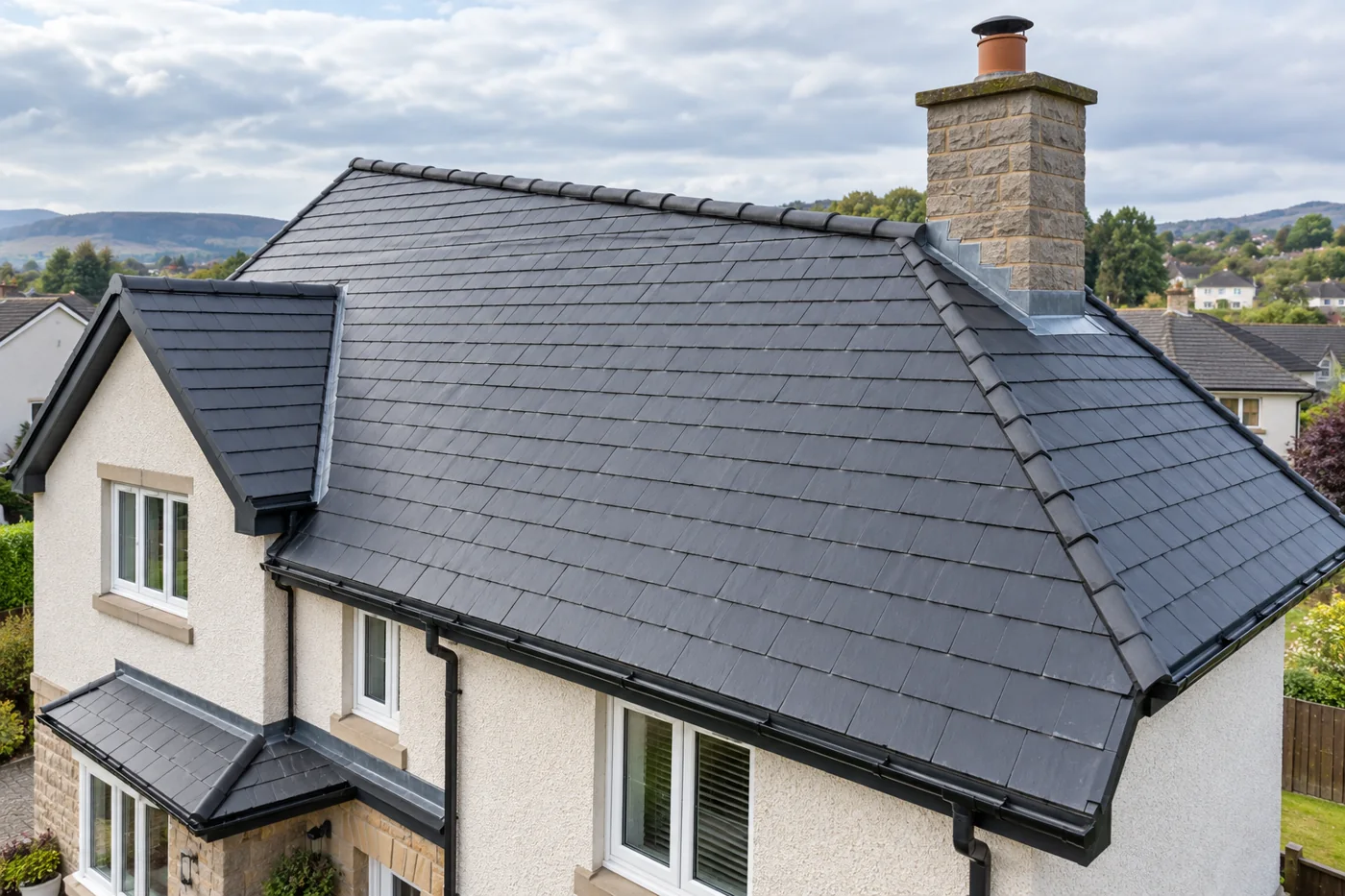Pitched domestic roof with chimney and eaves